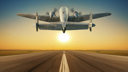 landing of an historical aircraft against a sunset