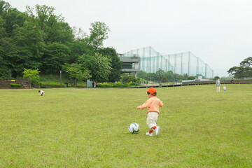 푸른 잔디밭 위에서 축구공을 갖고 노는 남자아이