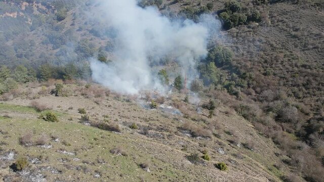Controlled and prescribed forest fire. Flames and smoke clouds. Aerial drone wide shot.