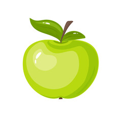 Green tasty apple fruit with leaf. Vector isolated illustration on white background in cartoon style.