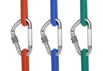 Steel carabiner hook with a red, blue and green climbing rope isolated on white. 3d rendering © Sashkin