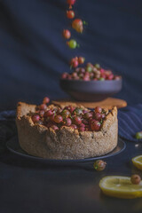 Open pie with wild gooseberry and lemon cream on dark wooden background. Rustic photography.