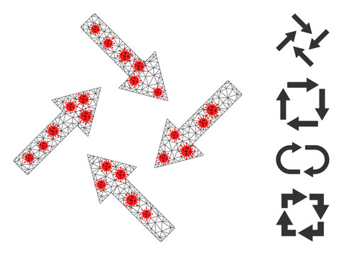 Network Centripetal Arrows In Outbreak Style. Mesh Carcass Centripetal Arrows Image In Lowpoly Style With Combined Linear Items And Red Infection Nodes.