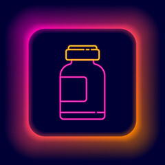 Glowing neon line Sports nutrition bodybuilding proteine power drink and food icon isolated on black background. Colorful outline concept. Vector