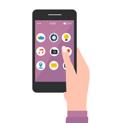 Smartphone in the hand of a woman on a white background for use in web design