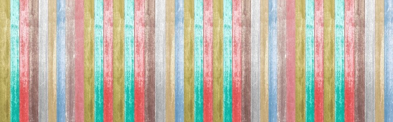 Panorama of Old wooden house wall with many colors in vintage style texture and background seamless