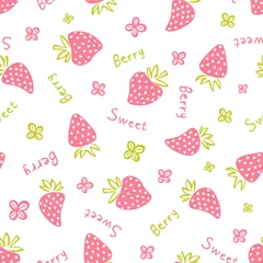 Poster Cute sweet berry strawberry seamless patterns with simple cartoon fruitsand in minimal style isolated in background. For printing baby textiles, fabrics. Hand draw. © Ms_Tali
