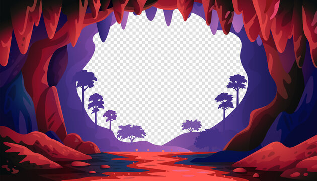 Cave in Jungle vector landscape. Cave landscape with an underground red river and forest. Vector illustration in flat cartoon style