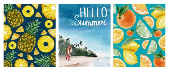 Watercolor hand drawing summer sea surfing background poster. Hello summer lettering. Pineapple and citrus pattern. Use for poster, card, print, postcard, flyers, banner, advertising, marketing, shop