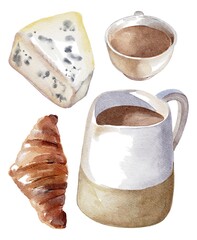 Watercolor hand drawing set of french picnic breakfast. Trendy colors.  Milk coffee, croissant, blue cheese. Use for poster, flyers, print, card, shop, menu, store, illustration, stickers