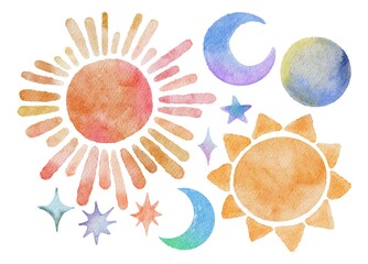 Watercolor hand drawing cute children’s illustration of sun moon stars. Use for poster, print, postcard, card, design, invitation, template, celebration, birthday, wedding, textile