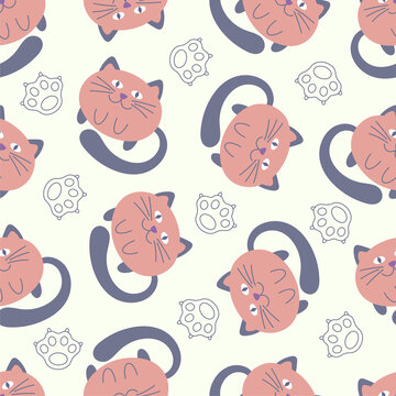 Seamless baby pattern with cute cartoon cats and cat paws. Creative background. Perfect for kids design, fabric, packaging, wallpaper, textiles, home decor.