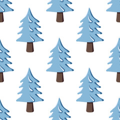 Obraz premium Seamless Christmas pattern with fir and tree in the snow on a white background. Happy New Year print for holiday decorations, wrapping paper, textiles and design. Wallpaper with winter nature