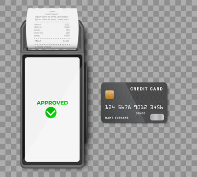 Realistic 3d Detailed Bank POS Terminal with tick marks on screens, credit cards, smartphone and transaction receipt. Mockup template, Top View.