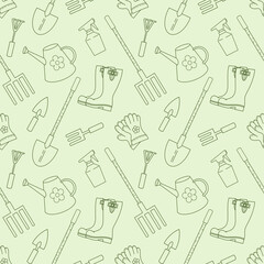 Seamless vector pattern with cute hand drawn gardening tools theme doodle elements. Emerald line objects on green background. For wrapping paper, textile, print, advertising, fabric, wallpaper, web. © Anima Allegra