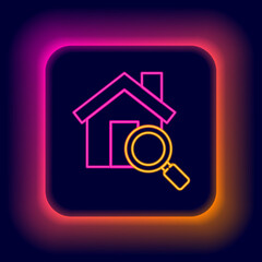 Glowing neon line Search house icon isolated on black background. Real estate symbol of a house under magnifying glass. Colorful outline concept. Vector