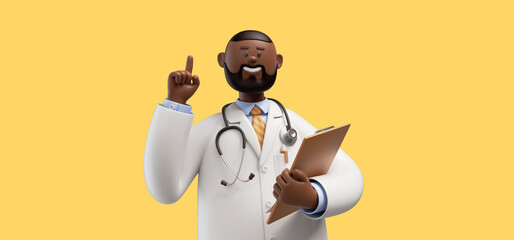 3d render. Doctor african cartoon character holds documents and gives advice. Clip art isolated on yellow background. Professional consultation. Medical concept - obrazy, fototapety, plakaty