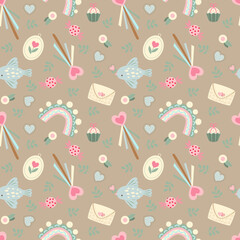 Rainbows, birds, hearts, cabochon, magic wand, candies on a 
beige background. Seamless pattern with Cute pattern in pastel colors. For wallpaper in the nursery, fabrics, covers, wrapping paper, scrap