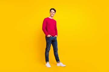 Fototapeta na wymiar Full length photo of friendly brunet young guy stand wear red sweater jeans isolated on yellow color background