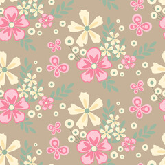 Cute pictures of yellow and pink flowers. Children's print in soft pastel colors. Seamless pattern vector background. For fabrics, coatings, textiles, covers, notebooks, wrapping paper, scrapbooking