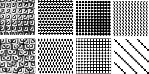 Set of black and white seamless patterns. Vecor graphics. 