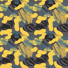 Colorful hand drawn doodle seamless pattern with abstract hand drawn brush strokes and paint splashes. Messy marker infinity texture, modern background.