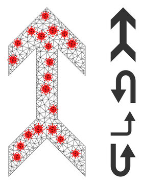 Network arrow up with outbreak style. Mesh carcass arrow up image in low poly style with connected linear items and red virus centers. Vector structure is created from arrow up with virus centers.