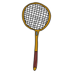 Cute doodle tennis or badminton racket isolated on white background. Game or hobby icon, sign. 