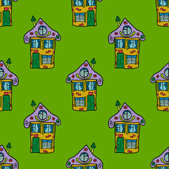 Cute hand drawn doodle house seamless pattern. Town background. Sketch of a building in childlike style.