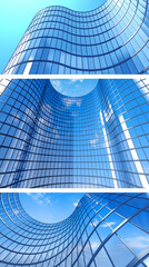 Perspective and underside angle view to textured background of modern glass building skyscrapers over blue cloudy sky