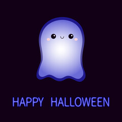 Happy Halloween. Cute flying ghost spirit. Scary white glowing ghosts. Neon blue effect. Cartoon spooky character. Smiling face. Greeting card. Black background. Flat design.