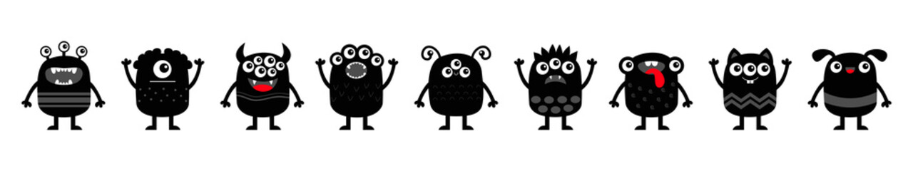 Monster set icon line banner. Happy Halloween. Kawaii cute cartoon baby character. Funny face head body black silhouette. Hands up, horn, eyes fang teeth tongue. Flat design. White background.