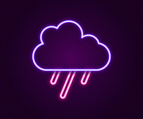 Glowing neon line Cloud with rain icon isolated on black background. Rain cloud precipitation with rain drops. Colorful outline concept. Vector