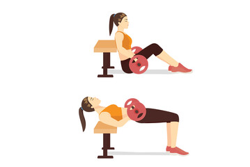 Sport woman doing Hip Thrust With A Barbell and Bench in 2 steps. Exercise diagram about a challenging workout with Heavyweights Barbell.
