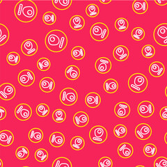 Line Traditional british breakfast, fried eggs with sausage icon isolated seamless pattern on red background. Vector