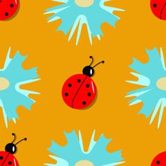 Red ladybugs along with cornflowers on a yellow background. Summer, floral ornament. For wallpapers, tiles, fabrics and backgrounds.