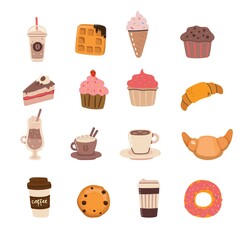 Set of cute coffee and desserts characters in trendy kawaii style. Take away cups, mugs and bean with hot beverage.