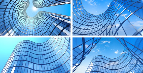 Perspective and underside angle view to textured background of modern glass building skyscrapers over blue cloudy sky