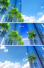 Perspective and underside angle view to textured background of modern glass building skyscrapers over blue cloudy sky