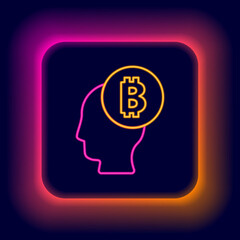 Glowing neon line Bitcoin think icon isolated on black background. Cryptocurrency head. Blockchain technology, digital money market, cryptocoin wallet. Colorful outline concept. Vector