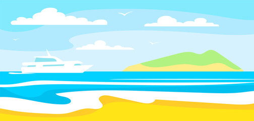 Paradise beach of the sea with yachts and island. Vector illustration in flat style
