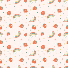 Seamless pattern with bright rainbows, strawberries and polka dot. Bright summer print for design, textiles, wrapping paper.