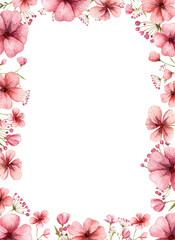 Pink floral frame with copy space in the middle. Greeting card design letter size with floral border. Wedding invitation template. Pink soft watercolor botany
