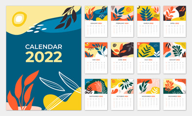 Fototapeta na wymiar Calendar design template for 2022 with colorful abstract art background. Wall calendar planner for the new year. Landscape leaves art background with autumn concepts. vector illustration 