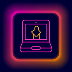Glowing neon line Online museum icon isolated on black background. Museum gallery. Colorful outline concept. Vector