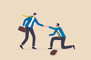 Kindness to help others from failure or crisis to stand again, support or assist in workplace or career guidance concept, kindness businessman offer helping hand to pull fail partner or colleague.