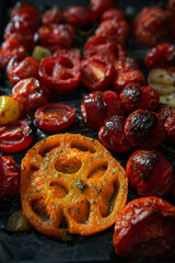 Baked tomatoes, eggplant, zucchini. Fresh vegetables on table. Market vegetable, garden.Diet concept. Healthy organic vegetarian food. 