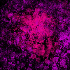 Colorful acrylic purple, pink, blue,  glitter paint splatter, blob on black background. Neon spray stains placer abstract background.