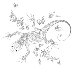 freehand sketch of a lizard for adult and children antistress coloring book page