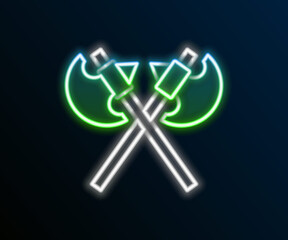 Glowing neon line Crossed medieval axes icon isolated on black background. Battle axe, executioner axe. Medieval weapon. Colorful outline concept. Vector